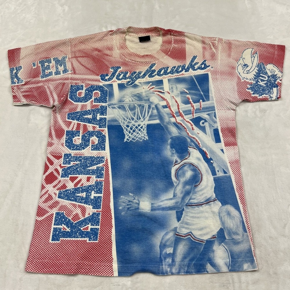 Kansas Jayhawks T-Shirt Mens L Red White Blue All Over Print Basketball Tee